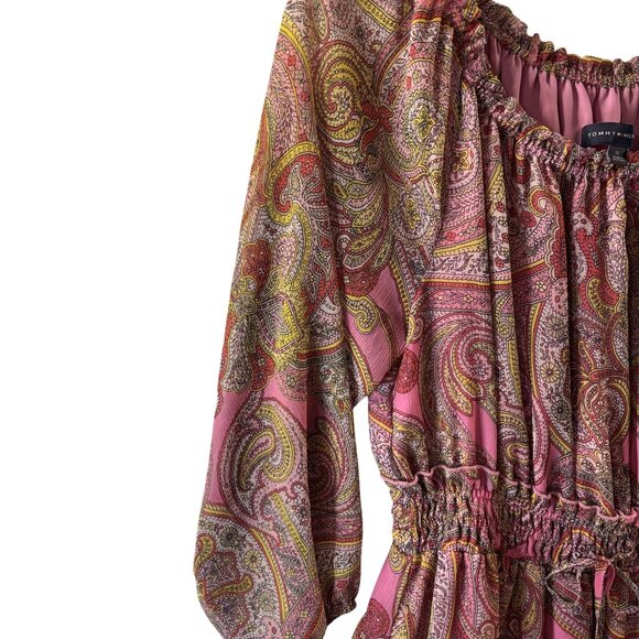 Tommy Hilfiger Pink Paisley Off-Shoulder Dress Size 10 Elastic Waist 3/4 Sleeves - Picture 3 of 16